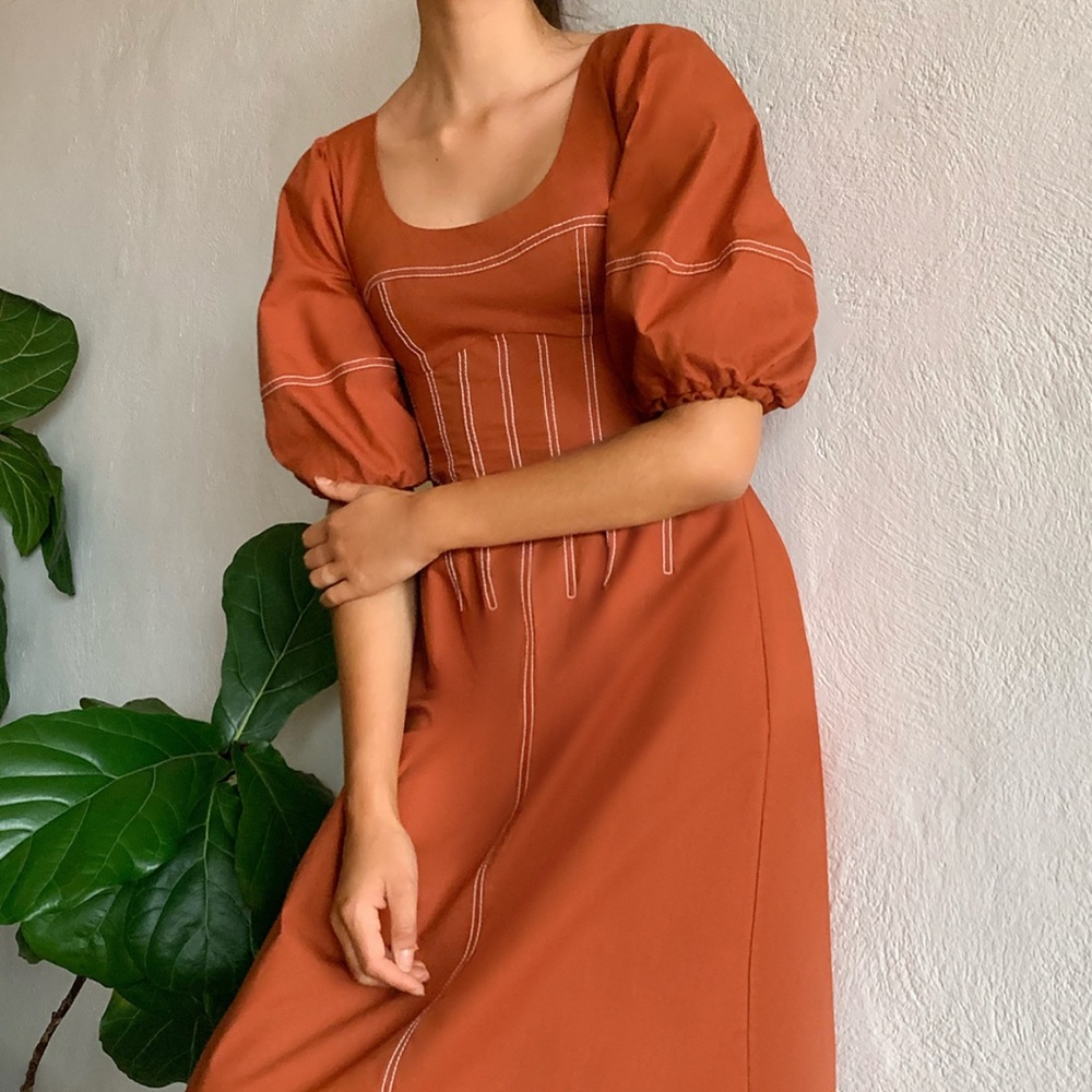 Jonathan Simkhai Orange Puff Sleeve Midi Sundress